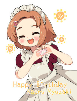 Rule 34 | 1girl, :d, ^ ^, absurdres, apron, blush, brown hair, character name, closed eyes, dress, facing viewer, forehead, frilled apron, frills, hands up, happy birthday, heart, heart hands, highres, idolmaster, idolmaster cinderella girls, lemon pan, maid, maid apron, maid headdress, open mouth, puffy short sleeves, puffy sleeves, red dress, ryuzaki kaoru, short sleeves, simple background, smile, solo, thick eyebrows, white apron, white background