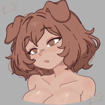 1girl animal_ears bare_shoulders breasts brown_eyes brown_hair cleavage collarbone dog_ears dog_girl double-parted_bangs fluffy_hair grey_background highres legato_flowe non-web_source open_mouth original parted_lips portrait raised_eyebrows shiny_skin short_hair simple_background upper_body