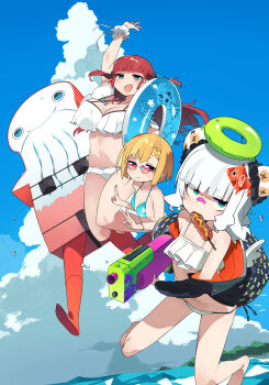 Rule 34 | 1other, 3girls, :3, absurdres, arm up, bandaid, bandaid on face, bandaid on nose, bikini, bikini day, blonde hair, blue bikini, blue sky, blunt bangs, blush, breasts, bun cover, cloud, collar, commentary request, corn dog, cumulonimbus cloud, double bun, double v, fang, fish hair ornament, food in mouth, grey hair, hair bun, hair ornament, heart, heart-shaped eyewear, highres, holding, holding water gun, innertube, jitome, kirara jump, kometsubu, large breasts, looking at viewer, mascot costume, midair, mouth hold, multiple girls, navel, original, red hair, skin fang, sky, swim ring, swimsuit, v, water gun, white bikini