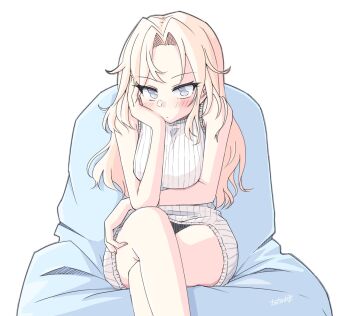 1girl blonde_hair commentary_request couch crossed_legs dress feet_out_of_frame grey_eyes hand_on_own_chin highres hornet_(kancolle) kantai_collection long_hair red_sweater ribbed_dress ribbed_sweater simple_background sitting solo sweater sweater_dress tatahai white_background white_dress white_sweater