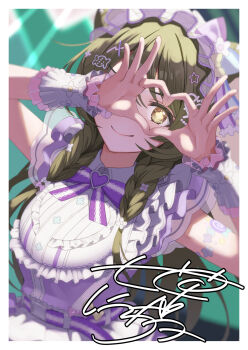 1girl border bow bowtie braid commentary_request dutch_angle four-finger_heart_hands frilled_hairband frilled_shirt frilled_wristband frills green_eyes green_hair hairband heart heart_hands heart_hands_over_eye highres idol_clothes idolmaster idolmaster_shiny_colors long_hair looking_at_viewer nanakusa_nichika official_alternate_costume purple_bow purple_bowtie pyonsan shirt signature smile solo twin_braids upper_body very_long_hair white_border