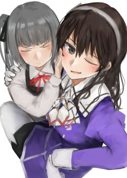 Rule 34 | 2girls, 73suke, absurdres, ashigara (kancolle), ashigara kai ni (kancolle), black hair, black skirt, blunt bangs, brown eyes, collared shirt, commentary request, dress, dress shirt, grey hair, hairband, highres, kantai collection, kasumi (kancolle), kasumi kai ni (kancolle), military uniform, multiple girls, pantyhose, pencil skirt, pinafore dress, shirt, side ponytail, simple background, sitting, skirt, sleeveless, sleeveless dress, smile, white background, white hairband, white pantyhose, white shirt