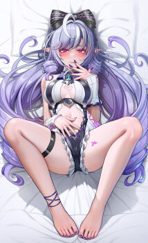 1girl absurdres atom_b bare_shoulders bed blush bow bowtie breasts clothing_cutout dress_swimsuit drill_hair feet frilled_one-piece_swimsuit frilled_wrist_cuffs frills hair_bow heart_cutout highres long_hair looking_at_viewer lying multicolored_hair navel official_alternate_costume on_back one-piece_swimsuit pillow pointy_ears purple_bow purple_bowtie purple_hair purple_nails red_eyes solo stomach_cutout streaked_hair swimsuit thigh_strap toes two-tone_one-piece_swimsuit vivian_banshee vivian_banshee_(iris_of_the_shore) white_one-piece_swimsuit wrist_cuffs zenless_zone_zero