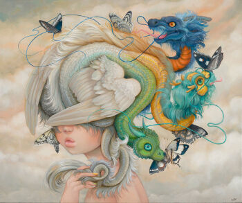 1girl bug butterfly camilla_d&#039;errico cloud cloudy_sky dragon highres hydra insect lips nude original sky solo surreal thick_lips