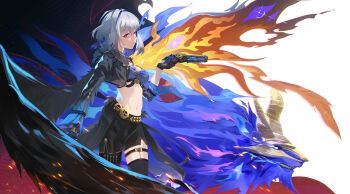 Rule 34 | 1girl, absurdres, bandeau, black cape, black gloves, black jacket, black pantyhose, black shorts, black thighhighs, blue bandeau, blue hair, blue hands, breasts, cape, casper (fidio-koko), chimera (wuthering waves), chinese commentary, cleavage, closed mouth, commentary request, cowboy shot, criss-cross straps, cropped jacket, galbrena (wuthering waves), gloves, gold choker, grey hair, groin, gun, hair between eyes, highres, holding, holding gun, holding weapon, jacket, looking at viewer, medium breasts, medium hair, midriff, multicolored hair, navel, open clothes, open jacket, pantyhose, partial commentary, purple eyes, shorts, sidelocks, single leg pantyhose, single thighhigh, single wing, solo focus, standing, tacet discord (wuthering waves), thighhighs, waist cape, weapon, white background, wings, wuthering waves