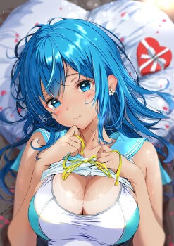 Rule 34 | 1girl, aigami shion, bare arms, blue eyes, blue hair, blue sailor collar, blurry, blurry background, blush, breasts, cleavage, clothes lift, commentary request, competition swimsuit, earrings, flower earrings, garter-velvet, hair between eyes, highres, jewelry, large breasts, long hair, looking at viewer, lying, one-piece swimsuit, original, pillow, sailor collar, shirt, shirt lift, sidelocks, solo, swimsuit, tan, tanline, valentine, white one-piece swimsuit, white shirt