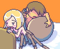 1boy 1girl akai_(ugokashitari) aliasing animated animated_gif arachne arthropod_girl blonde_hair brown_hair kodomo_doushi hetero insect_girl loli lowres monster monster_girl nude pixel_art sex short_hair shota simple_background spider_girl taur