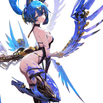 Rule 34 | 1girl, agoto, animal ears, backless outfit, blue eyes, blue hair, breasts, commentary request, glaive (polearm), high heels, highleg, highleg leotard, highres, holding, holding polearm, holding weapon, leotard, long hair, low wings, mecha musume, medium breasts, multiple wings, polearm, ponytail, solo, weapon, white background, wings