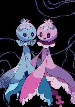 absurdres animal_focus black_background blue_eyes blue_sclera bright_pupils colored_sclera frillish frillish_(female) frillish_(male) full_body gen_5_pokemon happy highres mendako_(tyatyaumai29) nintendo no_humans open_mouth pokemon pokemon_(creature) red_eyes red_sclera smile symmetry white_pupils
