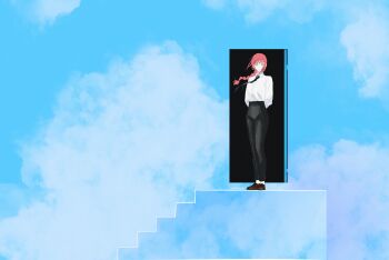 1girl absurdres arms_behind_back black_necktie black_pants braid brown_shoes chainsaw_man collared_shirt highres makima_(chainsaw_man) necktie open_door pants pink_hair scene_reference shirt shoes single_braid solo stairs standing the_truman_show virtuware white_shirt yellow_eyes