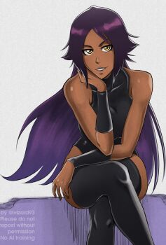 1girl artist_name bare_shoulders black_leotard black_thighhighs bleach bleach:_sennen_kessen-hen breasts collarbone crossed_legs dark-skinned_female dark_skin female_focus hair_down hand_on_own_cheek hand_on_own_face ivizard_art93 large_breasts leotard long_hair looking_at_viewer parted_bangs parted_lips purple_hair shihouin_yoruichi shiny_skin sitting thighhighs thighs watermark yellow_eyes