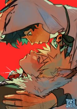 Rule 34 | 2boys, animal ears, arm up, bakugou katsuki, blonde hair, blush, boku no hero academia, bow, bowtie, collar, eye contact, freckles, fur-trimmed jacket, fur trim, ghost costume, green hair, green jacket, halloween costume, hand on another's arm, hand on another's head, highres, hood, hood up, jacket, jacket mine, looking at another, male focus, midoriya izuku, multiple boys, official alternate costume, profile, red background, red collar, short hair, simple background, spiked hair, wolf boy, wolf ears, yaoi