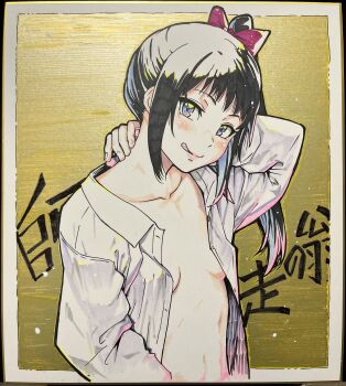 1girl black_hair blue_eyes breasts colorized commentary_request highres long_hair miyanagi_sena open_clothes open_shirt original peace_hame peace_hame shikishi shirt shiwasu_no_okina side_ponytail signed small_breasts solo tagme tongue tongue_out traditional_media white_shirt