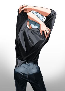 1boy absurdres alien_stage black_pants black_shirt commentary english_commentary grey_hair highres kuradrawings male_focus pants shirt short_hair sleeves_rolled_up solo stretching till_(alien_stage)