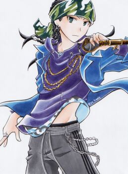 1boy bandana black_hair blue_jacket blue_shirt bracelet braid camouflage camouflage_bandana camouflage_shirt captive_bead_ring chain chain_bracelet chain_necklace commentary_request cornrows cowboy_shot douan_kazusato drawstring earrings floating_clothes floating_hair frown furrowed_brow glaring gold_bracelet gold_necklace green_bandana green_eyes grey_pants groin hand_up highres hip_bones holding holding_microphone hood hood_down hoodie hypnosis_mic hypnosis_mic:_rule_the_stage hypnosis_microphone jacket jacket_over_hoodie jewelry lapels legs_apart male_focus male_underwear male_underwear_peek marker_(medium) medium_hair microphone midriff_peek multiple_necklaces multiple_rings necklace notched_lapels open_clothes open_jacket pants piercing purple_hoodie ring serious shirt silver_ring solo standing suit_jacket track_pants traditional_media twitter_username underwear v-shaped_eyebrows wallet_chain white_background yu_freely