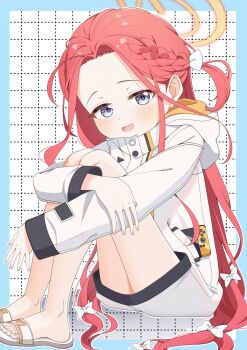 1girl :d blue_archive blue_border blue_eyes blush border bow braid commentary_request film_grain forehead full_body grid_background hair_bow halo handheld_game_console highres hugging_own_legs jacket knees_up long_hair long_sleeves looking_at_viewer mashi_stkt multiple_hair_bows open_mouth orange_halo outline red_hair sandals single_braid sitting smile solo very_long_hair white_background white_bow white_jacket white_outline white_sandals yellow_halo yuzu_(blue_archive)
