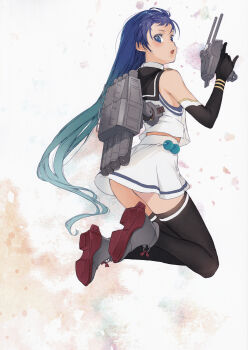Rule 34 | 1girl, absurdres, ahoge, ass, black thighhighs, blue eyes, blue hair, blush, branch (blackrabbits), cannon, elbow gloves, gloves, gradient hair, highres, jumping, kantai collection, long hair, looking at viewer, looking back, multicolored hair, open mouth, rigging, sailor collar, samidare (kancolle), scan, school uniform, serafuku, ship turret, shirt, sleeveless, sleeveless shirt, solo, swept bangs, thighhighs, very long hair, white serafuku