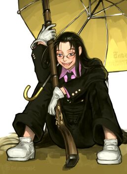 1girl :d ahoge artist_name black_hair black_necktie black_suit blue_eyes blush collared_shirt commentary_request envenomist_(gengoroumaru) fangs formal_clothes freckles glasses gloves gun hellsing highres holding holding_gun holding_weapon long_hair musket necktie on_floor open_mouth pink_shirt rip_van_winkle_(hellsing) round_eyewear shirt shoes smile solo suit twitter_username umbrella weapon white_gloves white_shoes yellow_umbrella