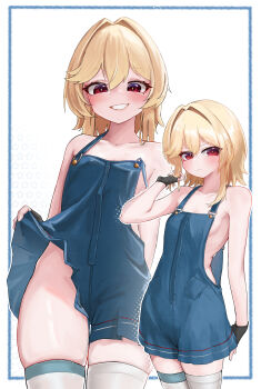 1girl absurdres arm_behind_back asymmetrical_legwear black_gloves blonde_hair blue_jumpsuit blush breasts closed_mouth collarbone fingerless_gloves girls'_frontline girls'_frontline_2:_exilium gloves hair_between_eyes hair_intakes hand_in_own_hair hand_up heart heart_in_eye highres hip_bones jumpsuit jumpsuit_lift looking_at_viewer medium_hair multiple_views nagant_(girls'_frontline_2) nagant_revolver_(girls'_frontline) naked_overalls no_bra no_panties open_mouth overalls petite red_eyes ribs shenqi_xiaohuang sideboob sidelocks small_breasts smile symbol_in_eye thighhighs white_thighhighs