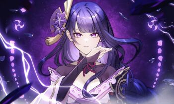 1girl armor blunt_bangs braid breasts bridal_gauntlets cleavage clothing_cutout electricity genshin_impact gradient_hair hair_ornament hand_up highres japanese_clothes kimono koban7513 looking_at_viewer mitsudomoe_(shape) mole mole_under_eye multicolored_hair neck_ribbon parted_lips purple_background purple_eyes purple_hair purple_kimono raiden_shogun red_ribbon ribbon shade shoulder_armor shoulder_cutout single_braid solo streaked_hair tomoe_(symbol) upper_body
