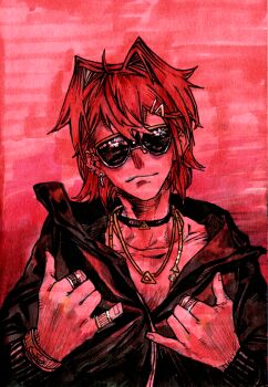Rule 34 | 1girl, ahoge, alternate costume, ange katrina, black choker, black jacket, bracelet, choker, closed mouth, commentary request, double shaka sign, earrings, gold necklace, hair intakes, hair ornament, hands up, highres, jacket, jewelry, long sleeves, medium hair, multiple necklaces, multiple piercings, multiple rings, necklace, nijisanji, red background, red hair, ring, shaka sign, shou-star, single earring, smirk, solo, straight-on, sunglasses, traditional media, triangle hair ornament, upper body, virtual youtuber