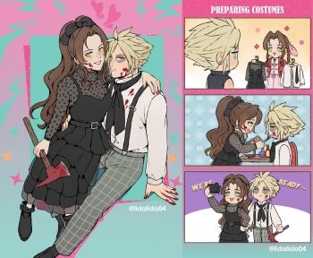 1boy 1girl aerith_gainsborough alternate_costume applying_makeup aqua_eyes arm_around_shoulder black_boots black_bow black_dress black_necktie blonde_hair blood blood_on_clothes blood_on_face blood_on_hands boots bow braid braided_ponytail breasts camera choker cloud_strife collared_shirt dress earrings final_fantasy final_fantasy_vii final_fantasy_vii_remake flower_choker green_eyes grey_pants grey_shirt hair_bow hair_ribbon halloween_costume hand_on_own_hip highres holding holding_camera holding_hands holding_pickaxe holding_unworn_clothes jacket jewelry lida_(lidalida04) light_smile male_focus medium_breasts necktie pants parted_bangs parted_lips pickaxe pink_dress pink_ribbon plaid_clothes plaid_pants ponytail red_jacket ribbon selfie shirt shirt_under_dress short_hair sidelocks single_braid single_earring sitting sleeveless sleeveless_turtleneck smile spiked_hair suspenders swept_bangs taking_picture turtleneck twitter_username white_shirt