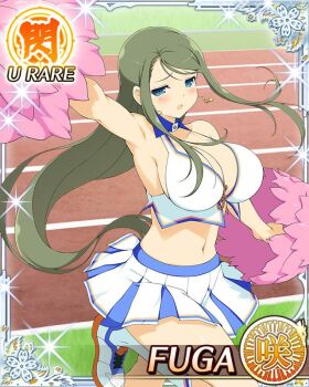 1girl arm_up armpits blue_eyes blush border breasts card_(medium) character_name cheering cheerleader cleavage crop_top earrings english_text fuga_(senran_kagura) game_cg green_hair holding holding_pom_poms jewelry large_breasts long_hair midriff navel official_alternate_costume official_art pleated_skirt pom_pom_(cheerleading) pom_poms senran_kagura senran_kagura_new_wave shoes skirt sneakers solo standing standing_on_one_leg swept_bangs treble_clef white_skirt