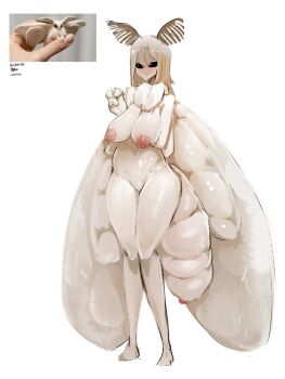 1girl aged_up antennae arthropod_girl black_sclera blush breasts bug colored_sclera female_focus full_body fur fur_trim hair_between_eyes highres insect insect_girl insect_wings large_breasts long_hair monster_girl moth moth_(menyang) moth_antennae moth_girl moth_wings my700 nipples original solo venezuelan_poodle_moth venezuelan_poodle_moth_(diddms1999) white_eyes wings