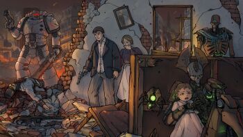 2girls 2others 3boys adeptus_astartes armor assault_rifle blood blood_on_clothes bolt_pistol broken_glass broken_table broken_wall broken_window carl_tabora chainsword commission crying crying_with_eyes_open death fanfiction_available glass glowing glowing_eye glowing_eyes gun handgun hiding highres holding holding_bolter holding_gun holding_sword holding_weapon hug luna_wolves military_uniform multiple_boys multiple_girls multiple_others necron one-eyed power_armor revolver rifle scarab sword tears war warhammer_40k weapon