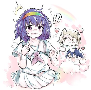 Rule 34 | !, !!, 3girls, :3, :d, ^^^, ahoge, alternate costume, animal ear fluff, animal ears, black hair, blonde hair, blue hair, blue hat, blush, closed mouth, cloud, commentary, cowboy shot, cropped legs, drooling, embarrassed, flying sweatdrops, fox ears, fox girl, fox tail, green serafuku, green shirt, green skirt, hair between eyes, hands up, hat, heart, highres, iizunamaru megumu, kudamaki tsukasa, laoshezhang, looking at another, midriff, miniskirt, mouth drool, multiple girls, navel, neckerchief, no pupils, nose blush, o o, open mouth, pink eyes, pleated skirt, rainbow, raised inner eyebrows, red neckerchief, romper, sailor collar, school uniform, serafuku, shirt, short hair, short sleeves, simple background, skirt, smile, smug, sparkle, speech bubble, steaming body, sweat, tail, tenkyuu chimata, thumbs up, tokin hat, touhou, v-shaped eyebrows, wavy mouth, white background, white romper, wristband