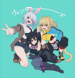 Rule 34 | 3girls, ahoge, animal ears, arm support, bags under eyes, bandeau, bare shoulders, black dress, black footwear, black hair, black leotard, black necktie, black pants, black sleeves, blonde hair, blue background, blush, boots, breasts, brown jacket, cat ears, cat girl, cat tail, collared shirt, commentary request, cropped jacket, denim, denim shorts, detached sleeves, dress, frilled hairband, frills, full body, furrowed brow, green eyes, grey hair, grey pantyhose, hair intakes, hairband, hand on own head, head rest, high heel boots, high heels, highleg, highleg leotard, highres, jacket, keenu (winterz.), knee boots, large breasts, leotard, leotard under clothes, long sleeves, looking at viewer, lying, mechanical arms, midriff, monkey girl, monkey tail, multiple girls, namiko817, navel, neck ribbon, necktie, omochi (winterz.), on one knee, on side, open clothes, open jacket, open mouth, outstretched arm, pants, pantyhose, ponytail, purple ribbon, rabbit ears, rabbit girl, red eyes, ribbon, shirt, short dress, short hair, short shorts, shorts, side ponytail, simple background, single mechanical arm, single sleeve, smile, squatting, tail, toshiya (winterz.), translation request, virtual youtuber, w, white bandeau, white shirt, winterz., yellow jacket