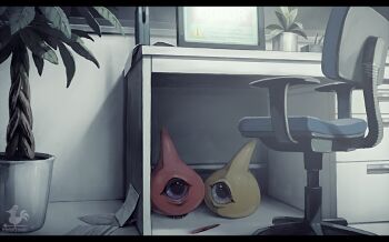 2others amamidori artist_name blue_eyes chair chest_of_drawers colored_skin desk hiding horns leaf monitor multiple_others muted_color no_humans office_chair one-eyed orange_skin papers pen plant potted_plant scp-131 scp_foundation single_horn swivel_chair tree yellow_skin