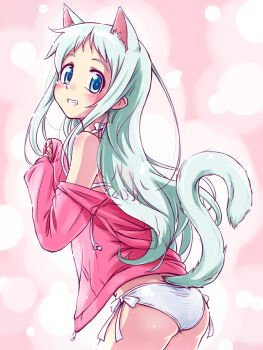 1girl animal_ears ano_hi_mita_hana_no_namae_wo_bokutachi_wa_mada_shiranai. bikini blue_eyes blush cat_ears cat_girl cat_tail commentary_request highres honma_meiko jacket long_hair looking_at_viewer pink_jacket punto smile solo swimsuit tail white_bikini white_hair