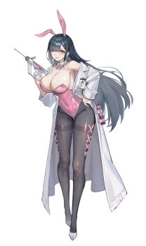 1girl absurdres animal_ears armpits black_hair black_pantyhose blunt_bangs blush bow bowtie breasts cleavage coat commentary covered_navel detached_collar english_commentary eoboong eyelashes fake_animal_ears full_body furrowed_brow gloves gun half_gloves hand_on_own_hip high_heels highleg highleg_leotard highres holding holding_gun holding_weapon lab_coat large_breasts leotard long_hair looking_at_viewer mole mole_under_eye name_tag off_shoulder open_clothes open_coat original pantyhose parted_lips partially_fingerless_gloves pink_bow pink_bowtie pink_eyes pink_leotard playboy_bunny rabbit_ears shoes simple_background smile solo standing syringe_gun thighband_pantyhose weapon white_background white_coat white_gloves white_shoes