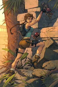 1girl ass backpack bag bare_shoulders black_gloves boots breasts brown_hair brown_shorts fingerless_gloves gem gloves green_shirt gun handgun holding holding_jewelry jewelry lara_croft legs logicfun long_hair looking_at_viewer midriff ruins shirt shorts solo sunlight tomb_raider tree weapon