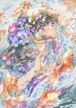 1girl absurdres artist_name commentary_request expressionless fish floating_hair flower goldfish hair_flower hair_ornament hand_up highres japanese_clothes kanaukanau kimono long_hair looking_at_viewer morning_glory multicolored_hair original painting_(medium) parted_bangs parted_lips purple_eyes solo traditional_media upper_body water watercolor_(medium) watermark wide_sleeves