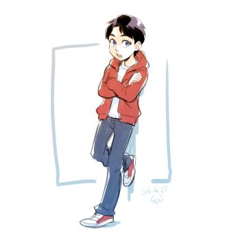 1boy against_wall billy_batson black_hair blue_eyes child crossed_arms dc_comics hood hoodie leaning male_focus open_clothes open_hoodie pants red_hoodie sen_(sen69) shazam shoes short_hair solo young_justice