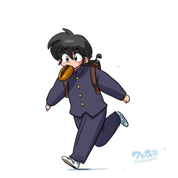 1boy artist_name backpack bag black_hair blue_eyes brown_bag food_in_mouth food_request full_body male_focus md5_mismatch ranma_1/2 saotome_ranma school_uniform shoes signature simple_background solo wanta_(futoshi) white_background white_shoes