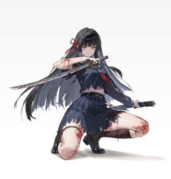 1girl absurdres arm_up black_hair black_sailor_collar black_serafuku black_shirt black_shoes black_skirt black_socks blood blood_on_arm blood_on_leg breasts chinese_commentary chisa_(wuthering_waves) closed_mouth commentary_request cosplay dynamic_pose hair_ribbon heart-heavenly5 highres holding holding_sword holding_weapon id_card katana long_hair looking_at_viewer medium_breasts neckerchief red_eyes red_neckerchief red_ribbon ribbon sailor_collar school_uniform serafuku shimizu_hinako shimizu_hinako_(cosplay) shirt shoes silent_hill_(series) silent_hill_f skirt socks solo sword torn_clothes torn_shirt torn_skirt very_long_hair weapon wuthering_waves