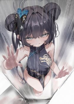 1girl bare_arms bare_legs bare_shoulders barefoot black_dress blue_archive blush braid braided_bun breasts butterfly_hair_ornament china_dress chinese_clothes closed_mouth double_bun dragon_print dress feet gerrigeri grey_halo hair_between_eyes hair_bun hair_ornament half-closed_eyes halo hands_against_glass hands_up highres kisaki_(blue_archive) loli long_hair looking_at_viewer no_nose pelvic_curtain print_dress sleeveless sleeveless_dress small_breasts solo standing sweatdrop toes twintails very_long_hair