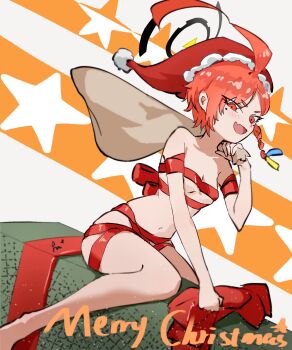 1girl ahoge artist_request blue_archive blush braid breasts christmas christmas_present cleavage fang gift hair_ornament halo hat highres holding holding_sack huge_ahoge kusakasato merry_christmas mole mole_under_each_eye mole_under_eye multiple_moles naked_ribbon navel neru_(blue_archive) open_mouth orange_eyes orange_hair red_hat red_ribbon ribbon riding sack santa_hat short_hair side_braid skin_fang small_breasts smile solo wrapped_up