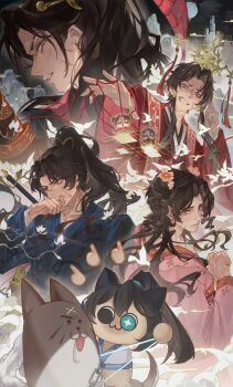 6+boys absurdres animalization blue_hanfu brown_hair chinese_clothes coat cosplay family_hierarch_candidate_(identity)_(project_moon) grin hair_intakes hair_ribbon hand_up hands_up hanfu heathcliff_(project_moon) high_ponytail highres hong_lu_(project_moon) jia_qiu_(project_moon) jia_qiu_(project_moon)_(cosplay) jia_xichun_(project_moon) jia_xichun_(project_moon)_(cosplay) jia_yuanchun_(project_moon) jia_yuanchun_(project_moon)_(cosplay) limbus_company lin_daiyu_(project_moon) lin_daiyu_(project_moon)_(cosplay) long_hair multiple_boys multiple_persona pink_hanfu ponytail project_moon red_coat red_hanfu ribbon scar scar_on_face scar_on_hand smile string string_of_fate tokulily very_long_hair what xue_baochai_(project_moon) xue_baochai_(project_moon)_(cosplay) xue_pan_(project_moon) yellow_ribbon