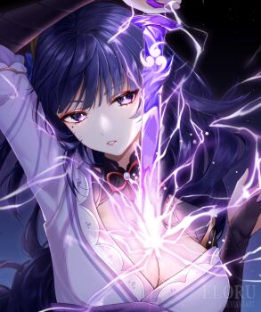 Rule 34 | 1girl, arm up, armor, artist name, braid, breasts, bridal gauntlets, cleavage, close-up, clothing cutout, eloru, eyeliner, genshin impact, gradient sky, hair ornament, head tilt, highres, huge breasts, japanese clothes, kimono, long braid, long hair, looking at viewer, makeup, mole, mole under eye, neck ribbon, night, parted lips, pink lips, purple eyes, purple hair, purple kimono, raiden shogun, red eyeliner, red ribbon, ribbon, shoulder armor, shoulder cutout, single braid, sky, solo, star (sky), starry sky, upper body, watermark, wide sleeves