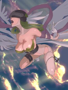 1girl above_clouds angel_wings angewomon blonde_hair breasts cloud covered_eyes digimon digimon_(creature) hagoromo helmet highres large_breasts long_hair multiple_wings muramura_hito open_mouth pantyhose shawl single_leg_pantyhose solo white_wings winged_helmet wings