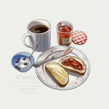 blueberry bowl bread bread_slice butter butter_knife coffee commentary cup english_commentary food food_focus fruit highres jam jar knife lid mug nakano_kaworu no_humans original plate spoon still_life strawberry_jam watermark yogurt