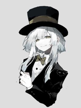 1boy black_hat black_jacket bow bowtie check_copyright chinese_commentary closed_mouth collared_shirt commentary_request copyright_request crop_top cropped_torso grey_background hat highres jacket long_sleeves male_focus original pale_skin shirt short_hair_with_long_locks simple_background smile solo vihua6 yellow_bow yellow_bowtie yellow_eyes