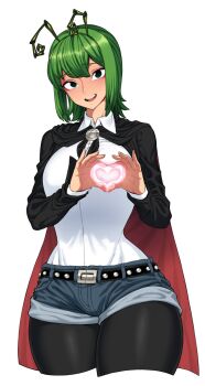 Rule 34 | 1girl, aged up, antennae, belt, belt buckle, black pantyhose, blouse, brooch, buckle, cape, cowboy shot, cropped legs, denim, denim shorts, female focus, green eyes, green hair, heart, heart hands, highres, jewelry, looking at viewer, pantyhose, pantyhose under shorts, shirt, short hair, shorts, simple background, smile, solo, spacezin, studded belt, thighs, touhou, white background, white shirt, wide hips, wriggle nightbug