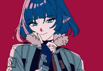 1girl animal_ears black_gloves blue_eyes blue_hair clothes_writing commentary_request earrings finger_to_mouth fingerless_gloves fur-trimmed_jacket fur_trim gloves grey_gloves gts_mmnn hair_between_eyes highres index_finger_raised jacket jane_doe_(zenless_zone_zero) jewelry long_sleeves looking_at_viewer mouse_ears mouse_girl nail_polish notched_ear red_background red_nails simple_background smile solo stud_earrings upper_body zenless_zone_zero