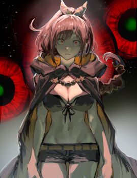 1girl bikini bikini_top_only black_bikini black_cloak black_shorts braid breasts brown_hair cleavage cloak commentary_request cowboy_shot danroneko extra_pupils glowing_pupils green_eyes highres hood hood_down large_breasts long_hair looking_at_viewer ponytail re:zero_kara_hajimeru_isekai_seikatsu red_eyes shaula_(re:zero) shorts solo swimsuit