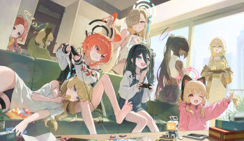 6+girls absurdly_long_hair absurdres ahoge akane_(blue_archive) alternate_costume animal_ear_headphones animal_ears aris_(blue_archive) asuna_(blue_archive) barefoot black_hair blonde_hair blue_archive casual cat_ear_headphones cat_ears chips_(food) cleaning_&amp;_clearing_(blue_archive) controller dark-skinned_female dark_skin fake_animal_ears food forehead game_development_department_(blue_archive) green_halo halo headphones highres holding holding_controller holding_tray karin_(blue_archive) kei_(robot)_(blue_archive) lap_pillow long_hair lying midori_(blue_archive) momoi_(blue_archive) multiple_girls neru_(blue_archive) number_tattoo on_side one_eye_closed orange_halo potato_chips red_hair shirt siblings sisters sitting tattoo toki_(blue_archive) tray twins u.rang very_long_hair white_shirt yellow_halo yuzu_(blue_archive)